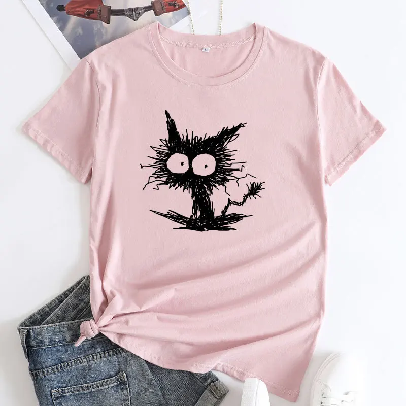 JFUNCY Woman T-shirt New Funny Doodle Cat Graphic T Shirts Oversized Women Tee Female Summer Tops 2024 Women's Tshirt Clothing