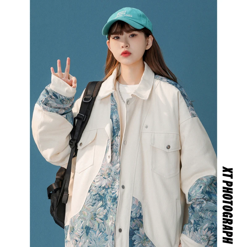 Lässige Blumen stickerei Jacke Frauen Frühling Herbst Streetwear Mode Patchwork lose Langarm bemalte Mäntel Frauen