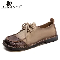 DRKANOL Women Flat Shoes Literary Style Retro Mixed Colors Genuine Cow Leather Soft Low Heel Lace-Up Comfort Casual Single Shoes