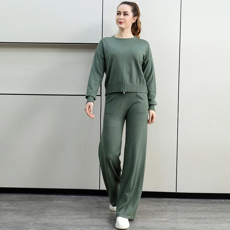 EVNISI Women Autumn 2 Piece Long Sleeve O-Neck Slim Top and Drawstring Pockets Pants Sets Solid Knit Office Winter Female Outfit