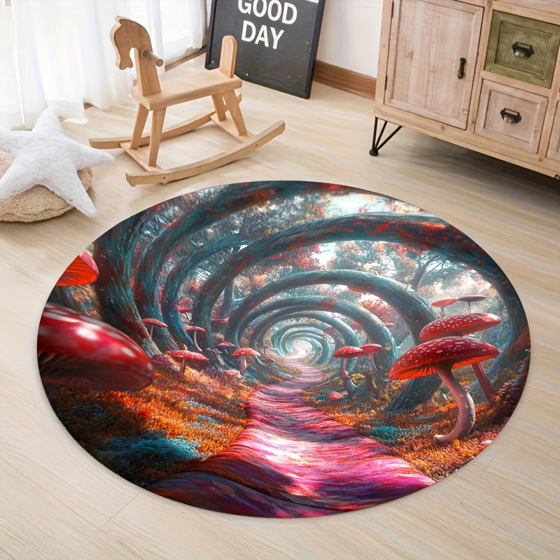 Flannel Printed Round Rug With Magical Mushroom Forest Design For Home Decor Soft Floor Mat Fantasy Art Theme Boho Style