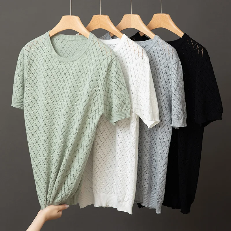 Summer thin knitted ice silk short sleeve T-shirt men's O-neck trend loose mesh sports shirt