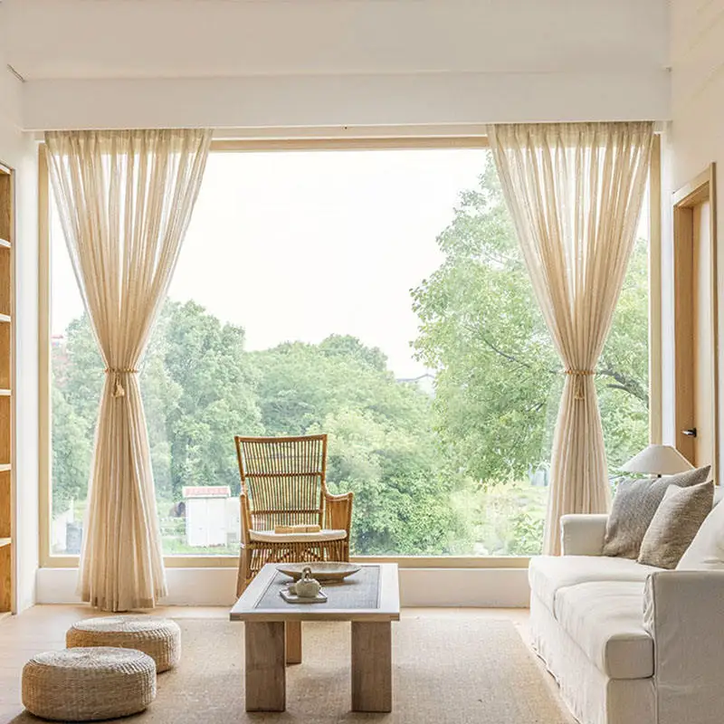 Striped Linen Gauze Curtains, Living Room And Bedroom Gauze Curtains, 2 Panles