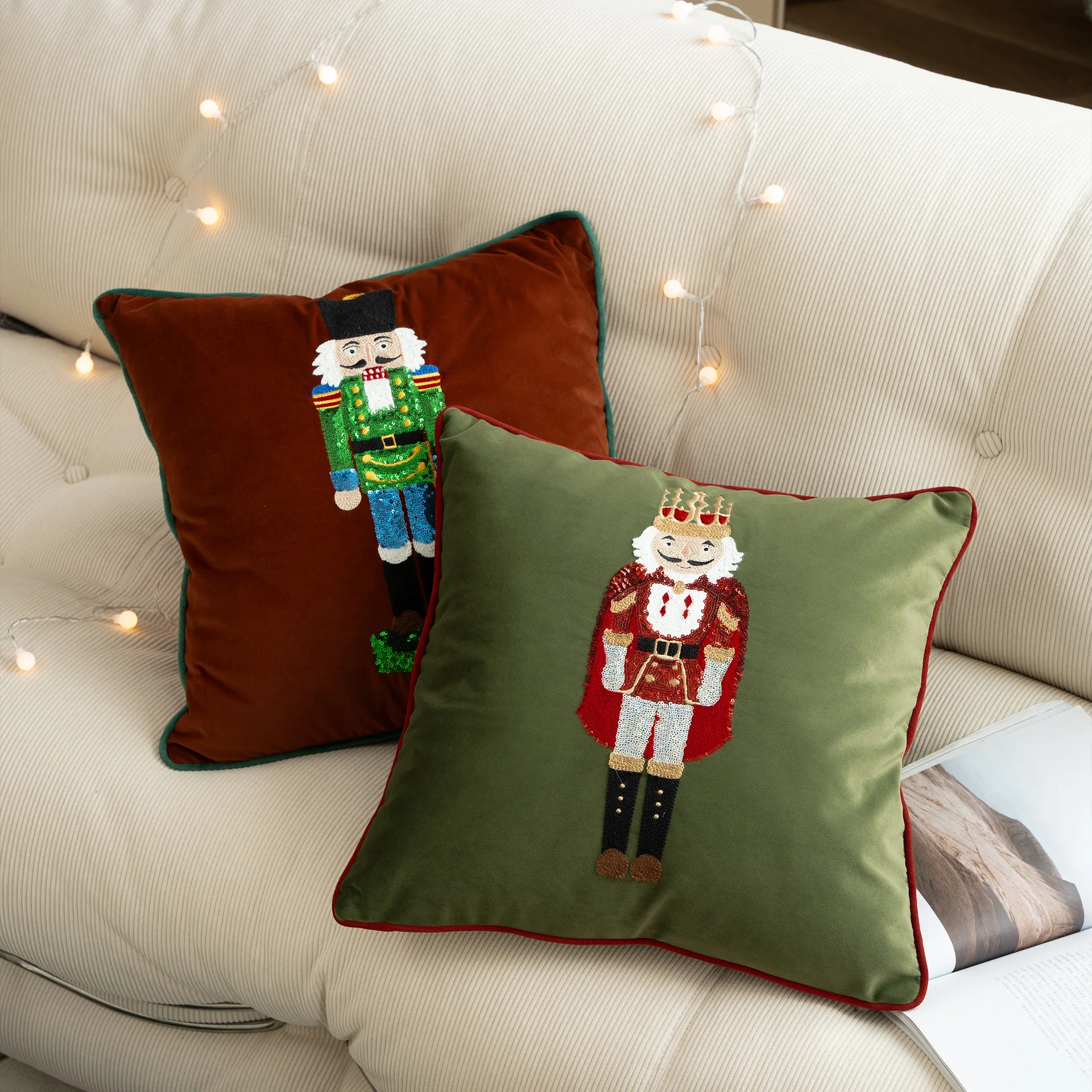 Christmas Decoration Pillow Cover White Embroidered Santa Tree Snowflakes Nutcracker Cushion Cover For Sofa Bed Chair Soft Cozy