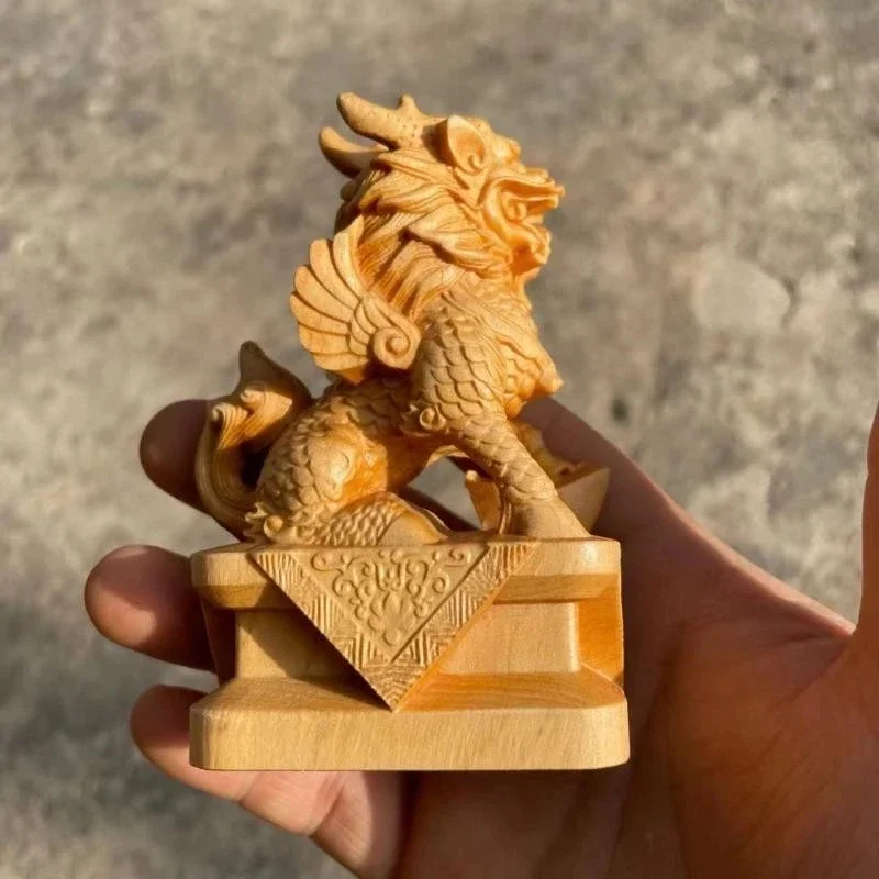 9*6.7*4cm Auspicious Chinese Kirin Characters Handmade Carving Mythic Fengshui Collect Wealth Wood Office Putting Crafts