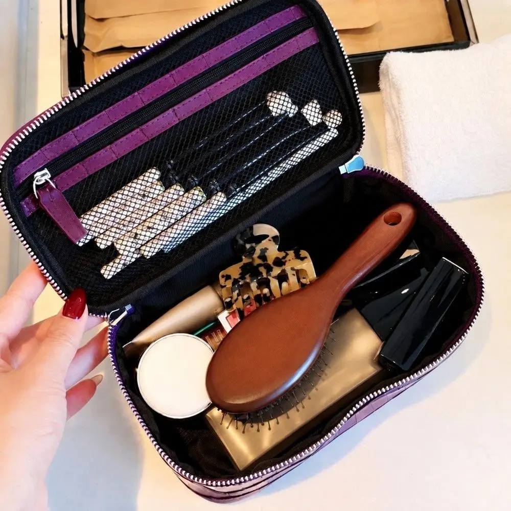 PU Leather Makeup Bag Crocodile Texture Zip Closure Travel Organizer with Handle Vanity Cosmetic Pouch for Women and Men