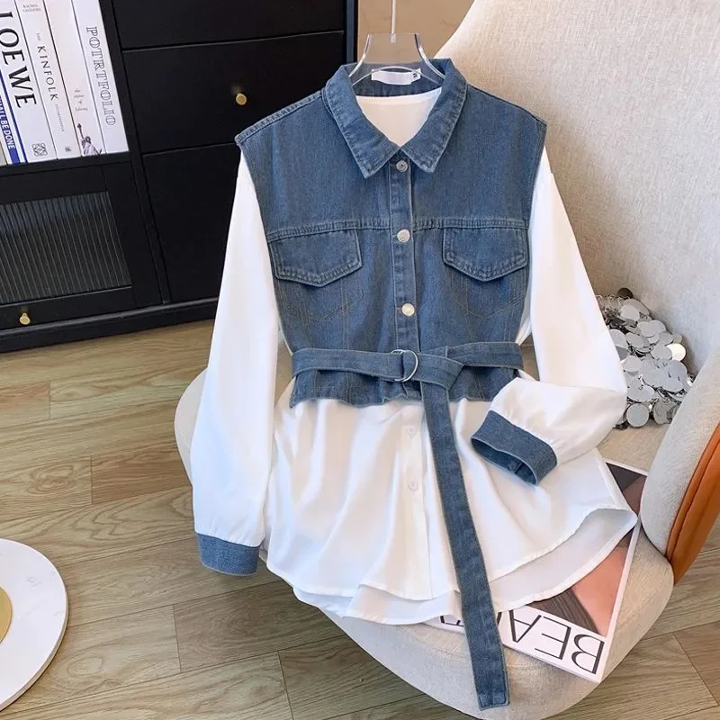 Design Sense Fake Two Denim Shirts For Women's Spring Summer Autumn 2024 Korean Casual Cowboy Vest Splicing Shirt Top With Belt