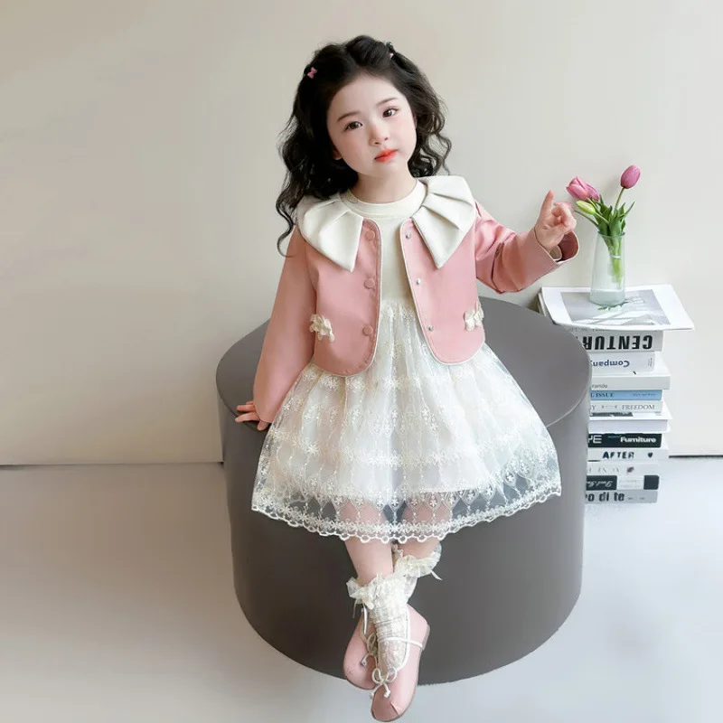 

Комплект одежды для девочек на весну и осень: стильная детская кожаная куртка, платье-принцесса с длинными рукавами из сетки, детская одежда.