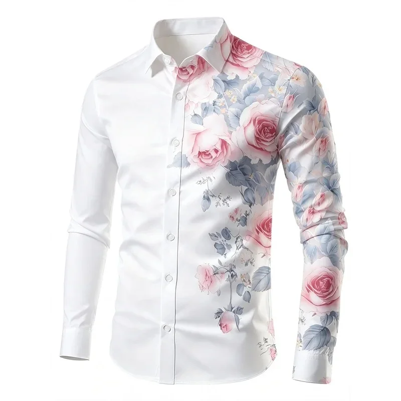 Men's Half Side Pink Rose Floral Print Long Sleeve Shirt Turn Down Collar Button Up Dating Vacation Casual Shirts