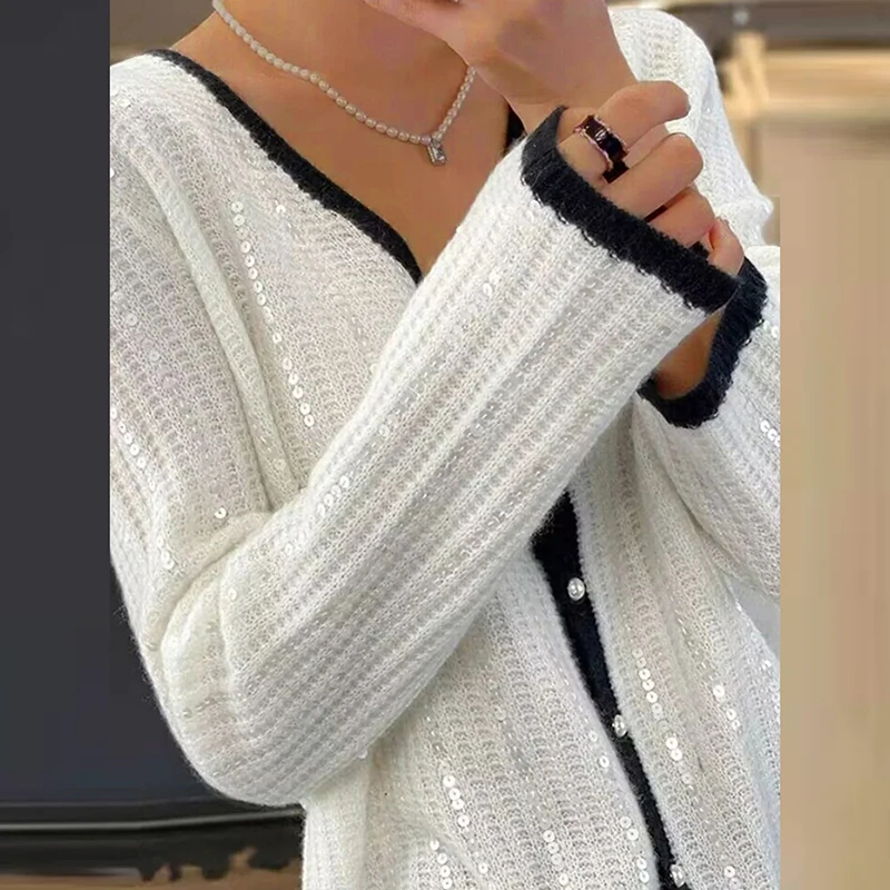 New Autumn Sequined Long Sleeved Loose Sweater Elegant Solid Color Commuting Sweater Coat Female V-neck Single Breasted Cardigan