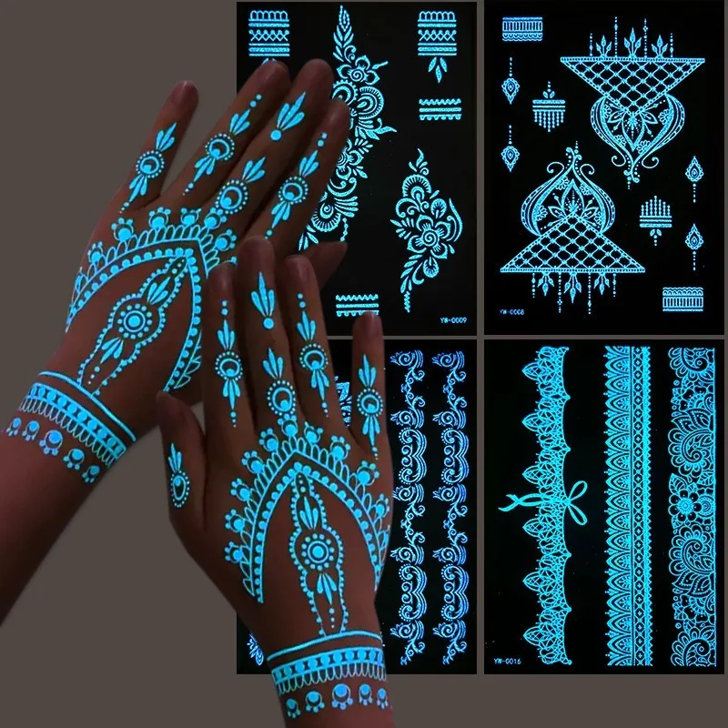 

Glow in The Dark Temporary Tattoo Stickers, Indian Henna Lace Style Hollow Designs, Hand Decor Body Art Decals for Women Girls