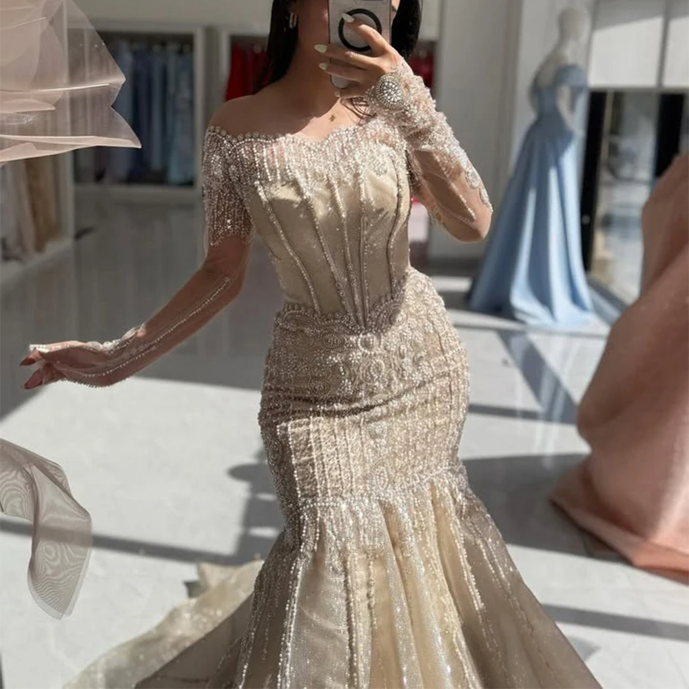 Vestido de noche champán personalizado MisShow: vestido de manga larga con hombros descubiertos y cola de sirena para gala/boda/graduación