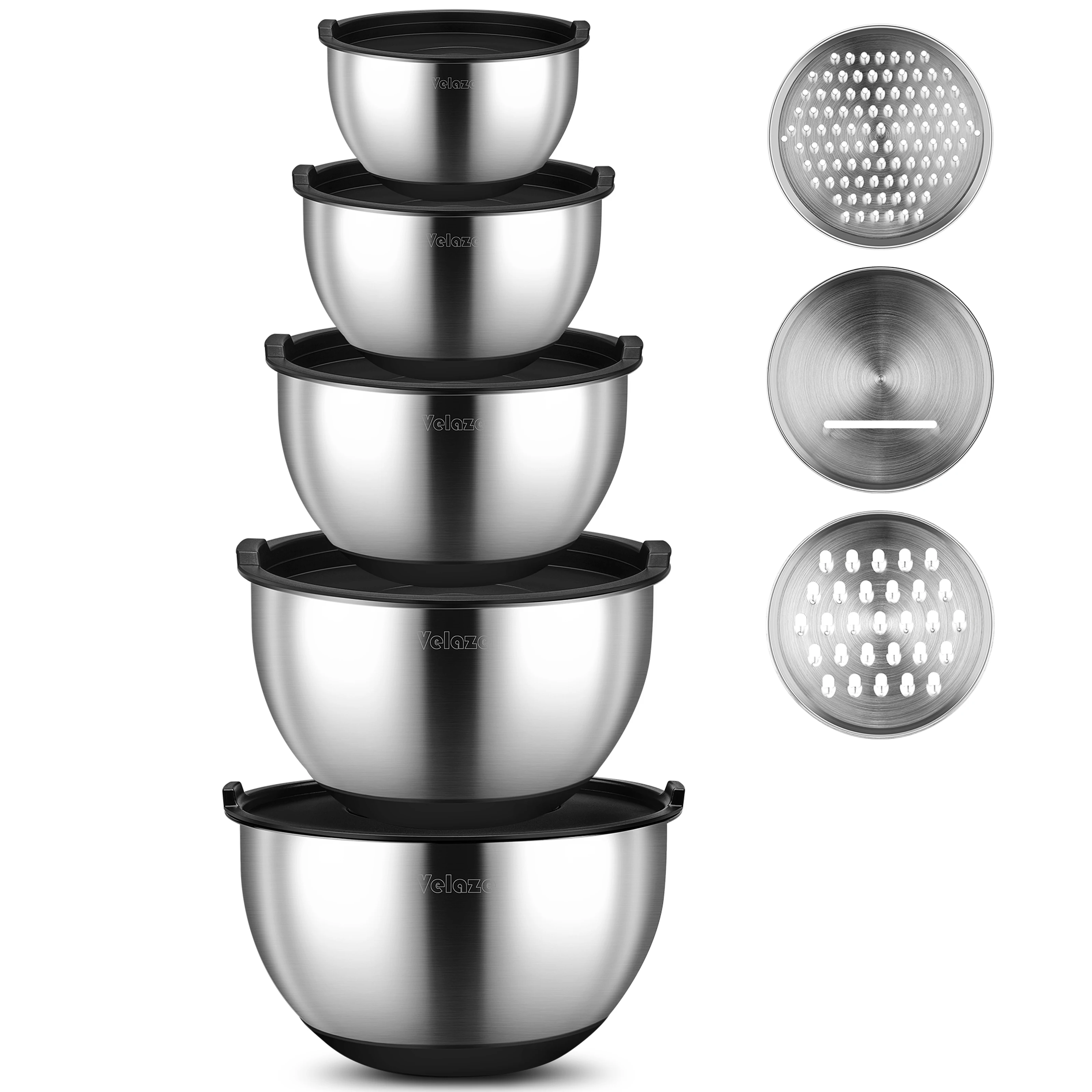 Velaze Set of 5 Stainless Steel Non-Slip Salad Mixing Bowl with Grater and Lids for Baking,Making & Storage(1L,1.5L,2L,3L,5L)