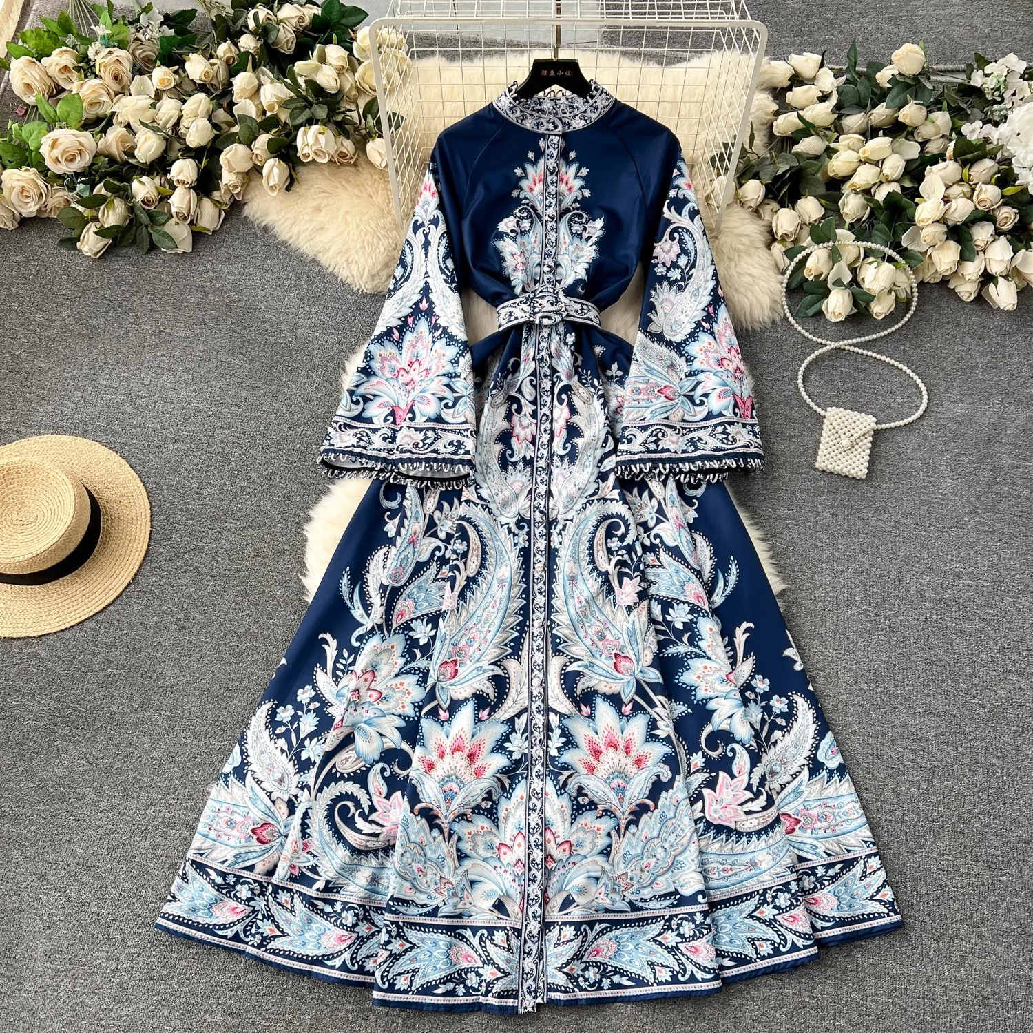 

2024 New Palce Style Spring Summer Women Flower Print Stand Collar Flare Sleeve Single Breasted Belt Boho Beach Holiday Dresses