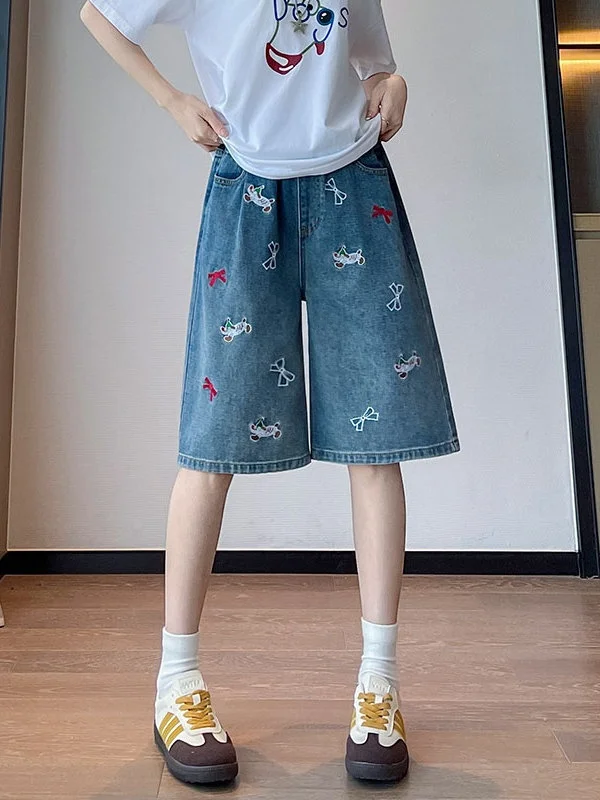 High Waist Wide Leg Embroidered Denim Shorts Women's Loose Fit Straight Cut Pants Conceal Flattering plus Size Casual Wear