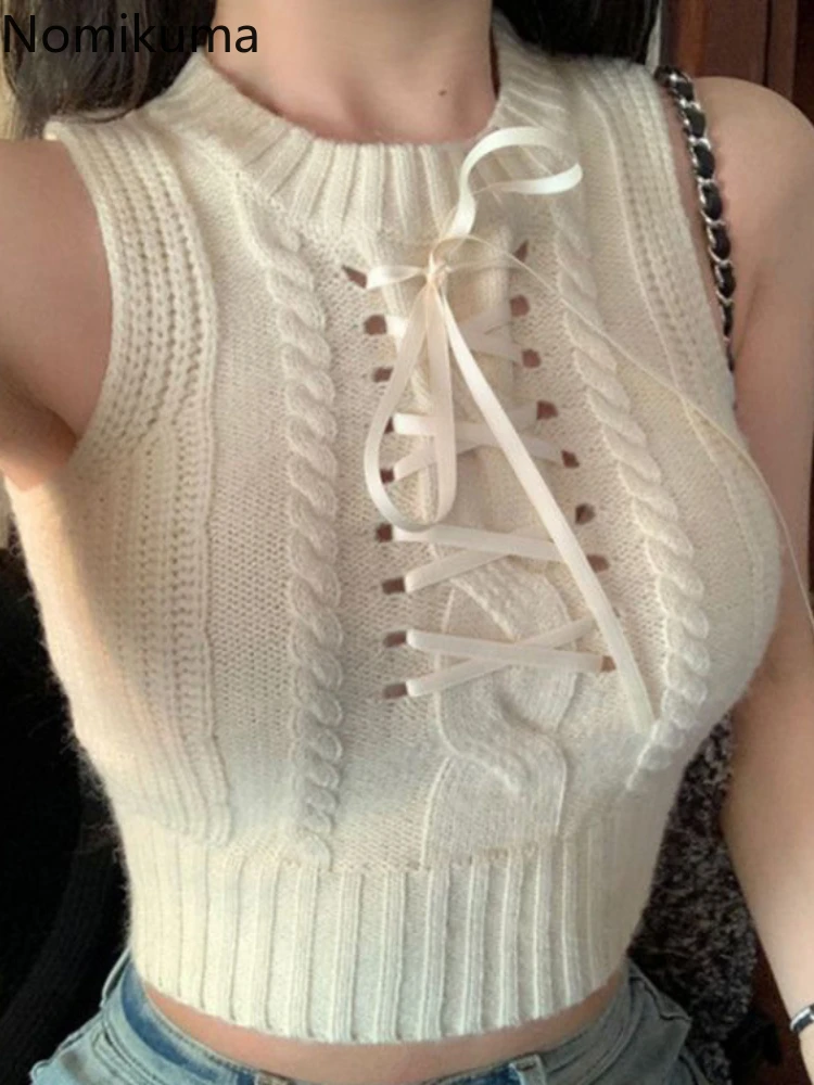 Knitted Ribbed Woman Tshirts O-neck Sleeveless Tunic Tees 2023 Ropa Mujer Hollow Out Bandage Crop Tops Casual Sexy Chic T-shirt