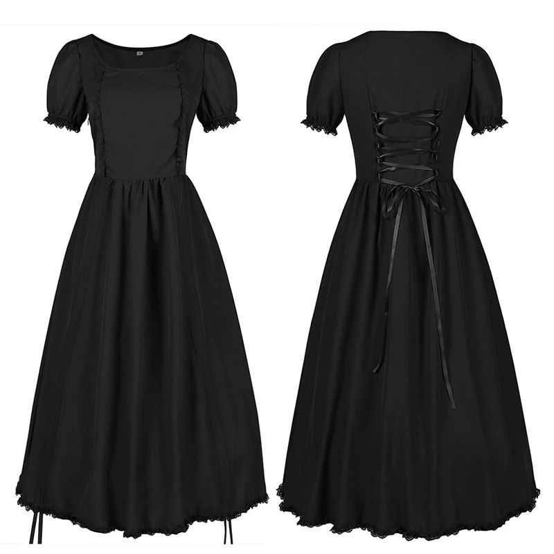 Female Steampunk Gothic Drawstring Dress Cosplay Costume Medieval Retro Holiday Party Short Sleeve Dress Role Playing S-2XL