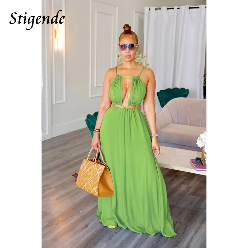 Stigende Women Summer Sleeveless Lace Spaghetti Strap Long Dress