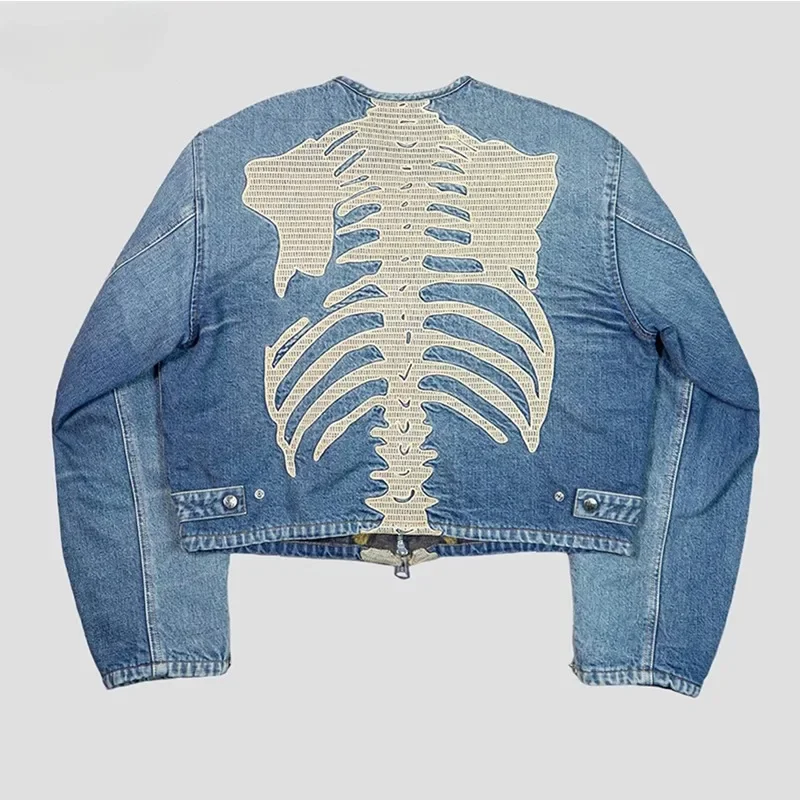 2024 Summer Fashion New Trend Bone Embroidered Denim Jacket Unisex Loose Vintage Jeans Jacket Street Wear Hip Hop Denim Jacket