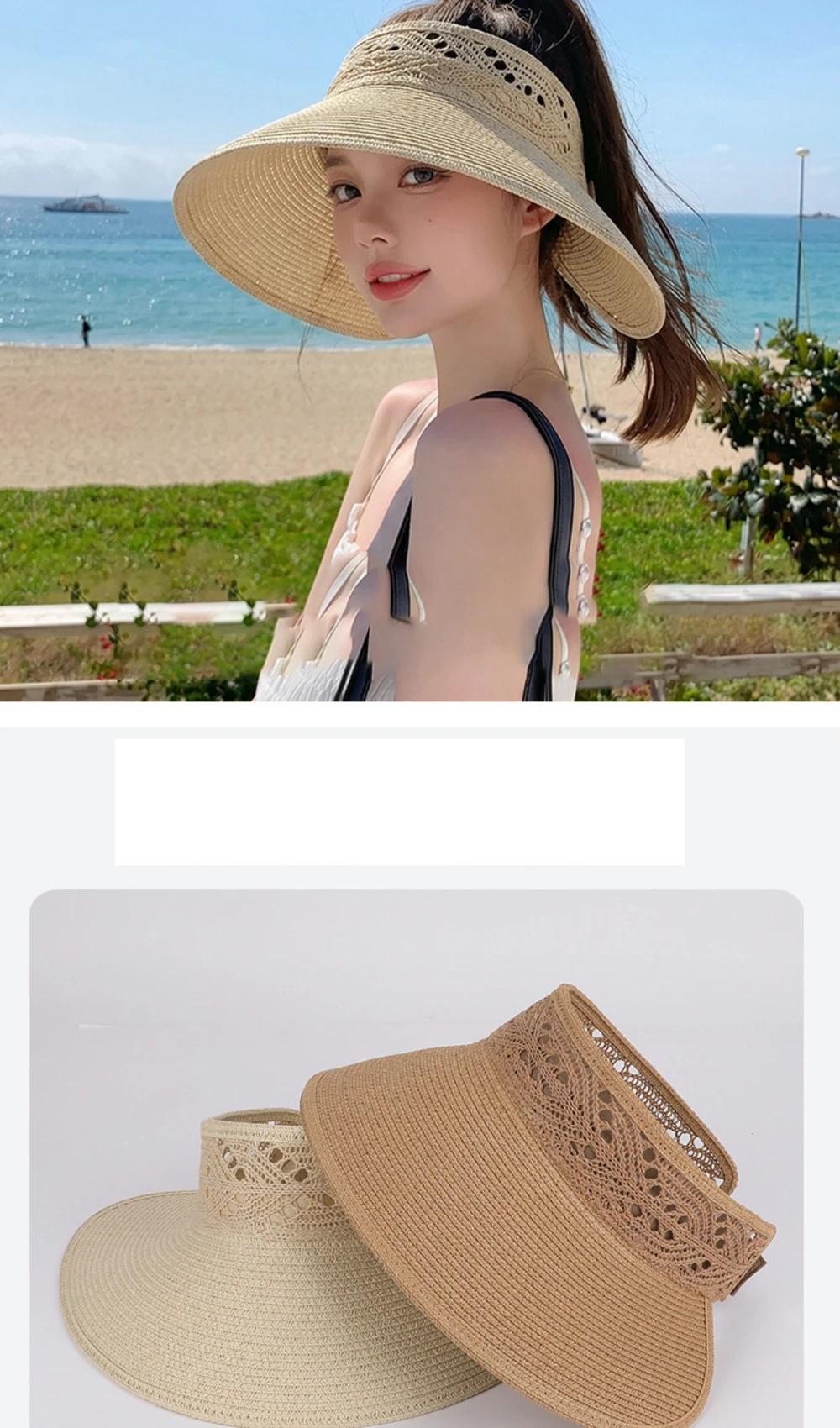 HT5079 Damen Strandhut mit breiter Krempe 2026 Neu Atmungsaktiver Strohhut für Damen Packbarer Sommer-Sonnenhut Damen Verstellbare Visierkappe – Detail 1
