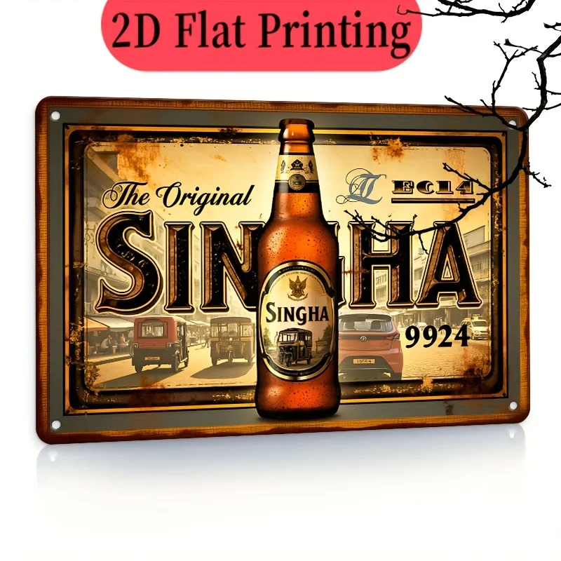 Letrero Metálico Vintage de la Cerveza Singha Original, Arte de Pared Metálico Retro de Cerveza Tailandesa, Placa Decorativa con Impresión Plana 2D para Bar, Pub