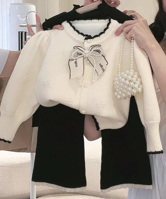 

Girls Spring Autumn Korean Baby Little Fragrant Style Sweater Jacket Loose Flared Pants Two-Piece Set