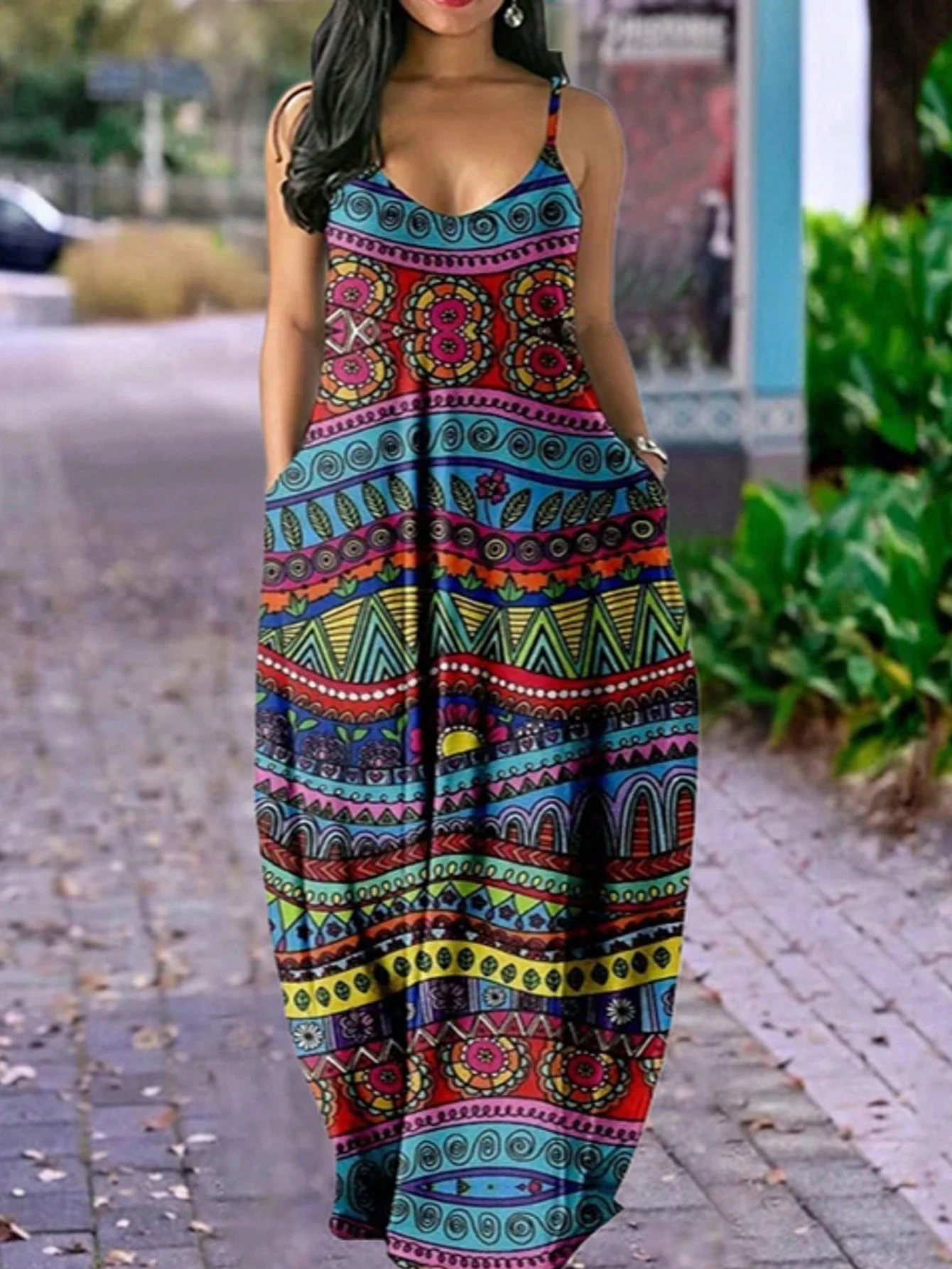 

Large size stylish and elegant bohemian style suitable for travel and play suspender dress with pockets