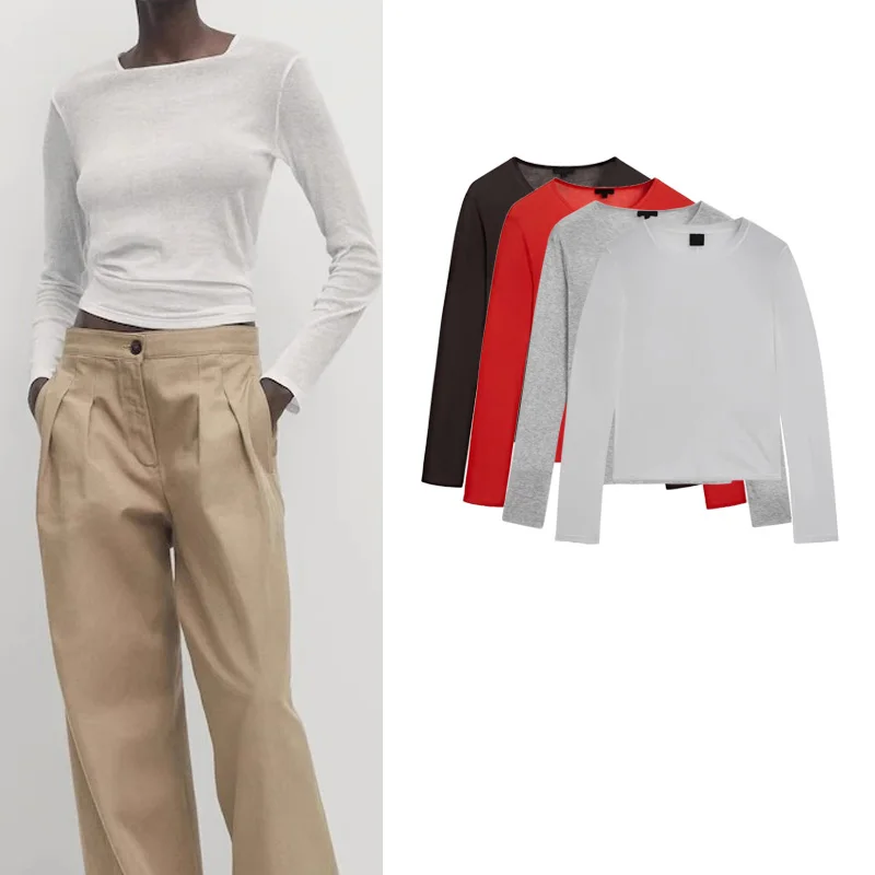 

MD Spring Summer New Sle Casual Versatile Slim Fit Cotton round Ne Long Sve T-irt 62085 Commute Retro Loose Knitte...
