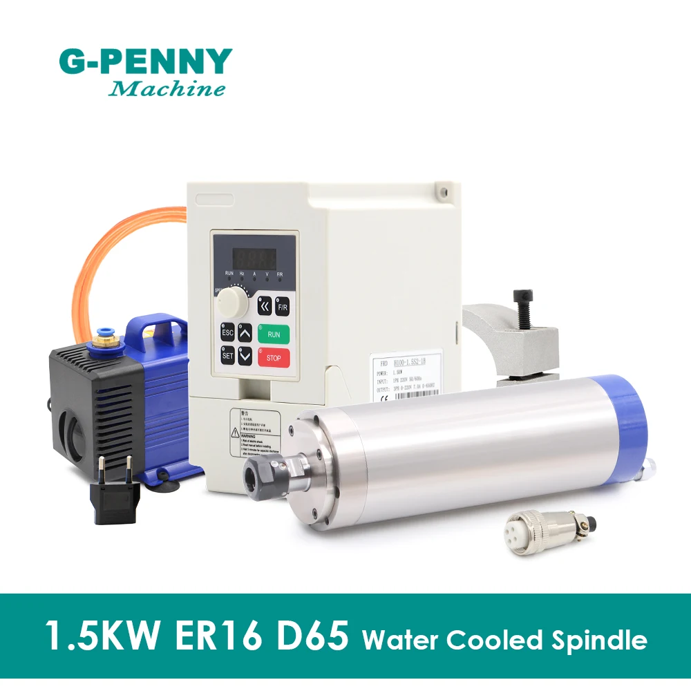 

G-PENNY 110 В 220 В 1,5 кВт ER16 Комплекты двигателей шпинделя с водяным охлаждением 65 мм 4 шт. Подшипники серии 7, инвертор, водяной насос и кронштейн