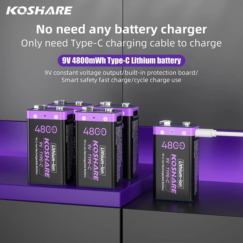 

KOSHARE 9V USB Type-C Rechargeable Battery 4800mWh Lithium Batteries with USB-C Charging Cable for Smoke Alarm Guitar Multimeter