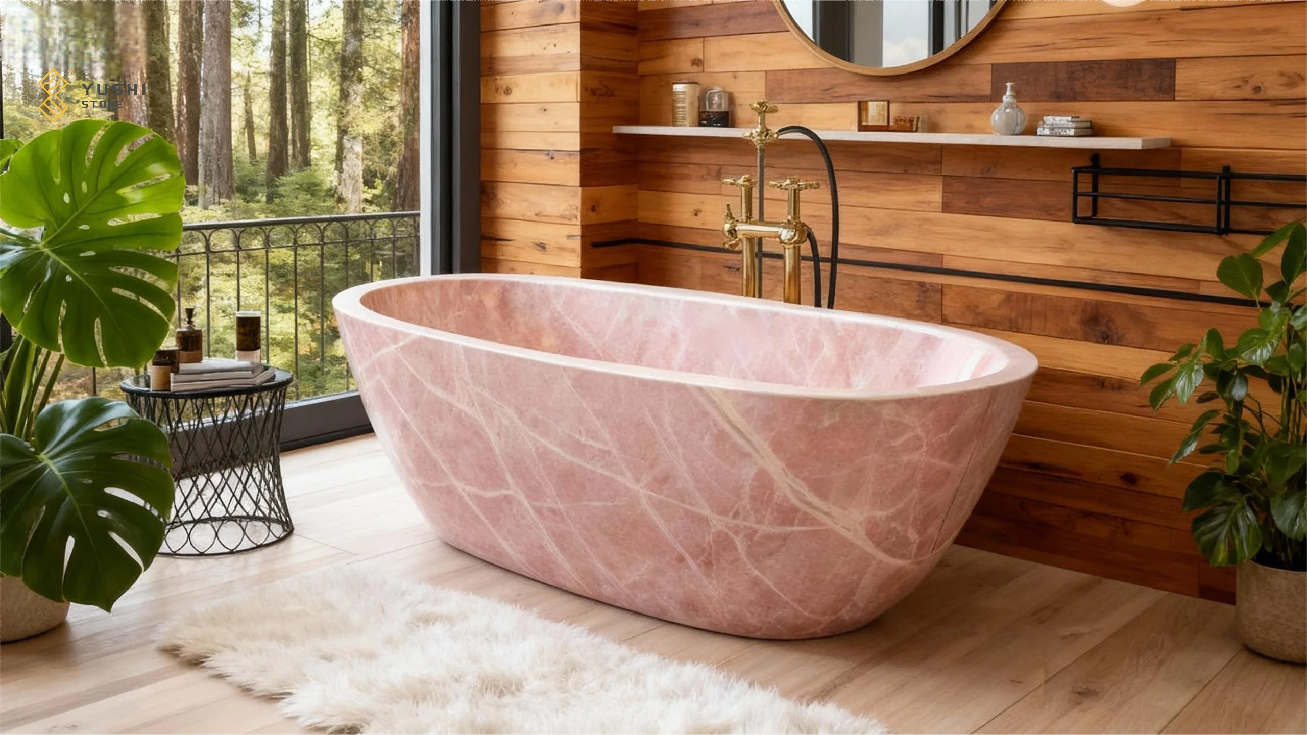 Luxury Stone Baths,YUSHI Modern Design Pink Marble Natural Stone  standing Bathtub Soaking Function With Drainer For Hotels A