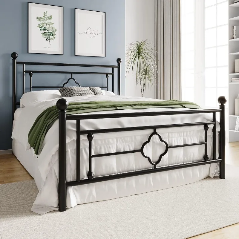 14 Inch Queen Size Metal Platform Bed Frame, Vintage Victorian Style, Wrought Iron Headboard and Footboard/Mattress Foundation