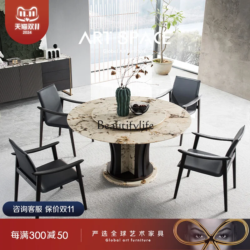 Italian light luxury marble round dining table modern minimalist household wrought iron dining table