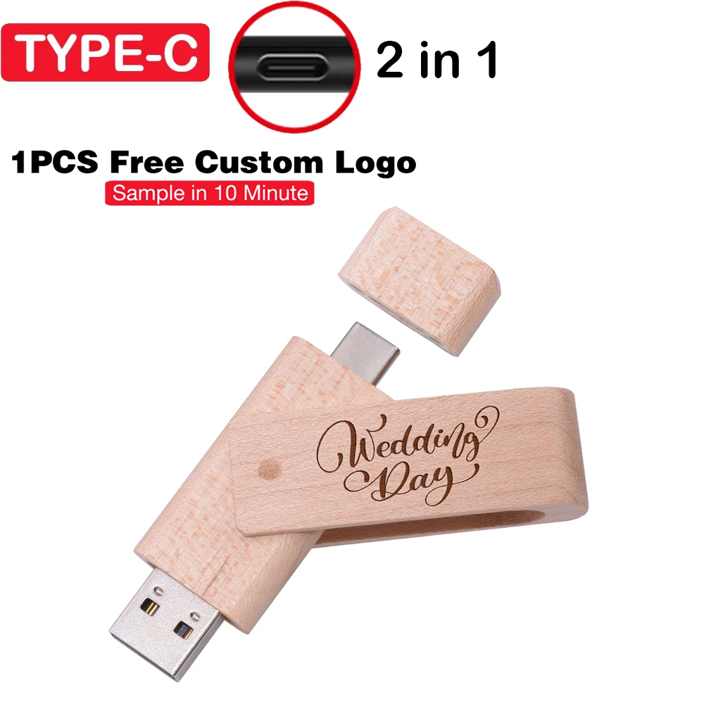 Clé USB logo personnalisé gratuit TYPE-C 2 en 1 128 Go en bois rotatif Memory Stick 64 Go cadeau d'affaires Pen Drive 32 Go 16 Go
