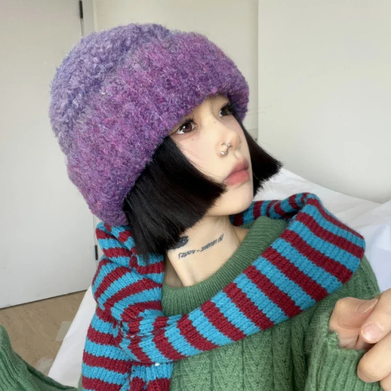 Gradual Change Purple Wool Blended Knitted Women's Hats Autumn and Winter Japanese Retro Thickened Warm Sweet Beanies Caps