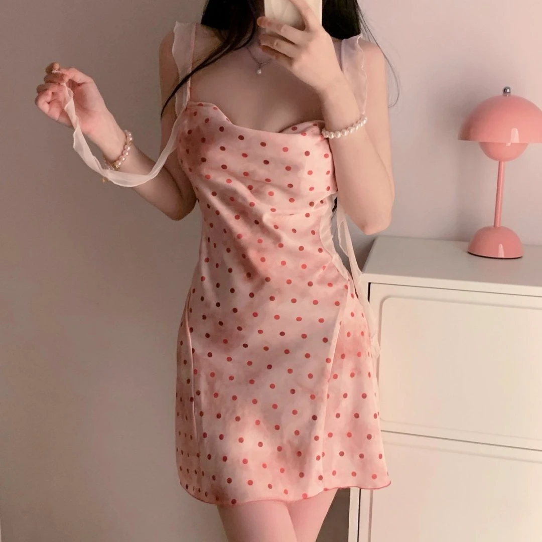 Sweet Sexy Pink Bleeding Ribbon Ice Silk Sling Sleepwear Ruffled Collar Satin Polka Dots Print Lace  Waist - cinched Backless