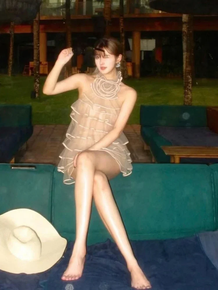 Sexy alta pescoço babados retalhos mini vestido feminino sem mangas sem costas em camadas vestidos finos festa de noite vestidos de cocktail