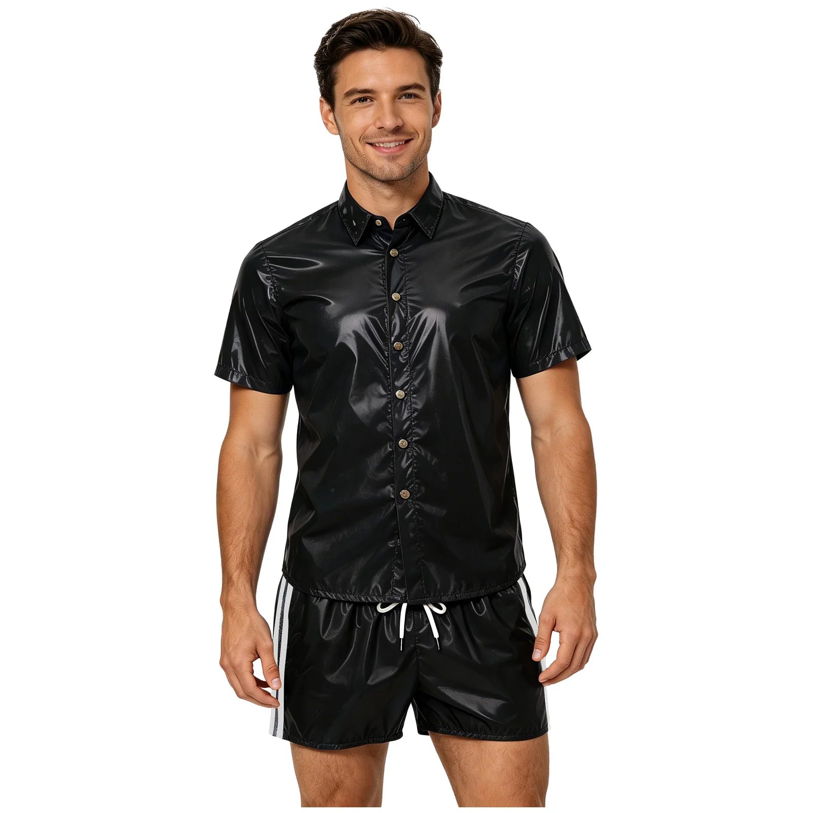 Mens Waterproof Tracksuit Short Sleeve Front Button Lapel T-shirt And Elastic Waistband Built-in Briefs Boxer Shorts Swimwear