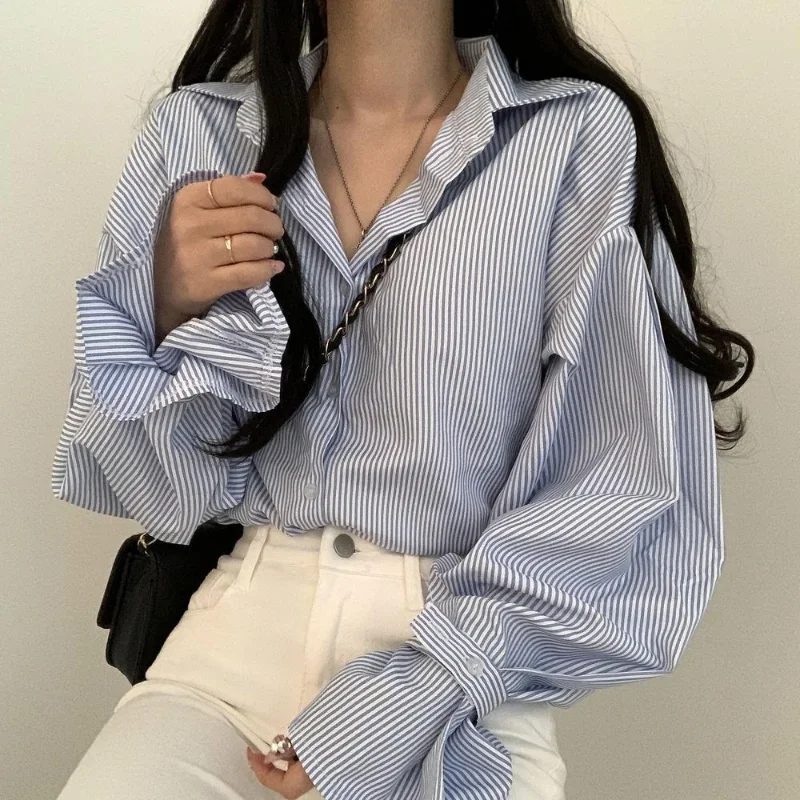 Spring Lantern Sleeve Blue Stripe Shirt Camisas Blusas Mujer Loose Casual Black Top Women\'s Clothing Blouses Office Lady Shirts