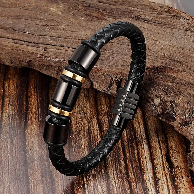 Clearance Sale New Men's Leather Braided Bracelet Stainless Steel Accessory Buckle High Quality Black Leather Bracelets for Men