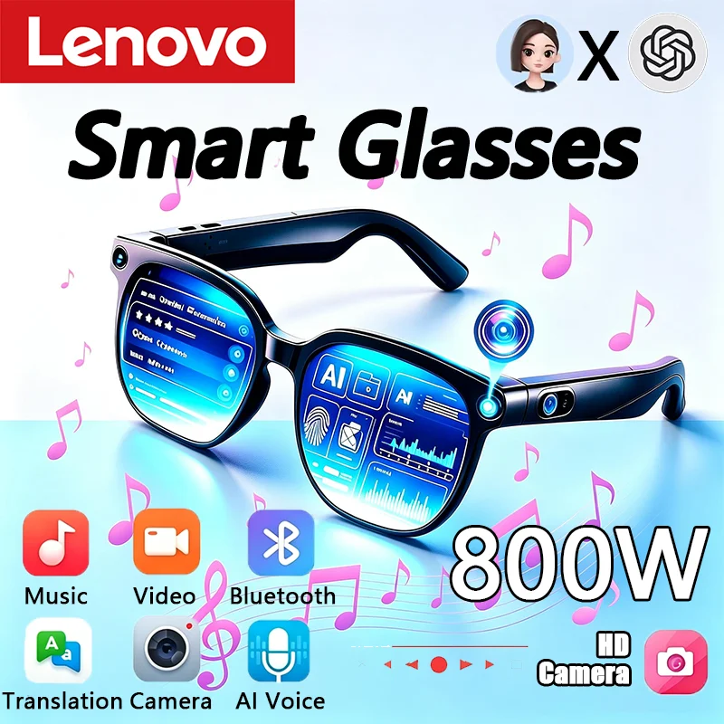 Lunettes Intelligentes de Traduction IA Lenovo avec Caméra HD 8MP, Prise de Photos 4K, Appel Bluetooth, Enregistrement et Musique – Nouveauté 2026