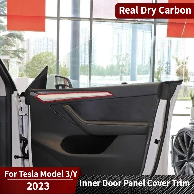 

For Tesla Model 3/Y Real Dry Carbon Fiber Inner Door Panel Cover Trim Strips 2023 Interior Decoration Modification Accessories