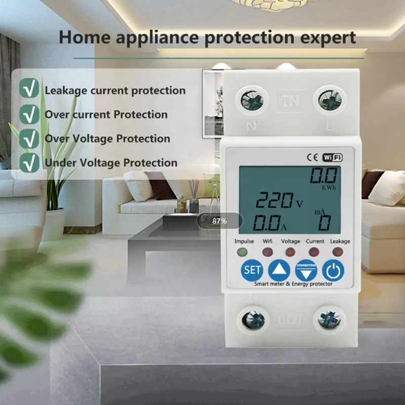 2P Tuya Wifi Intelligent Leakage Protecting Switch 63A Current Voltage Monitoring Circuit Breaker Timer Power Meter Durable