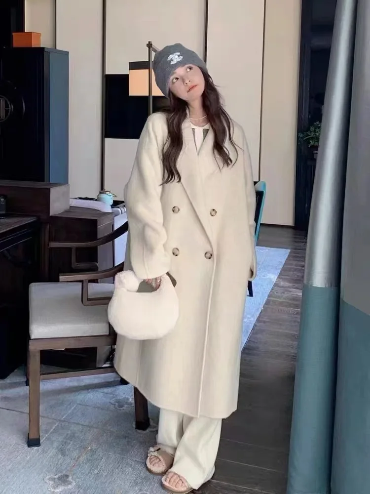 Wool Blends Autumn and Winter Luxury 2024 New Double-sided Cashmere Overcoat Women\'s Long Length High-end Lapel Coats with Belt