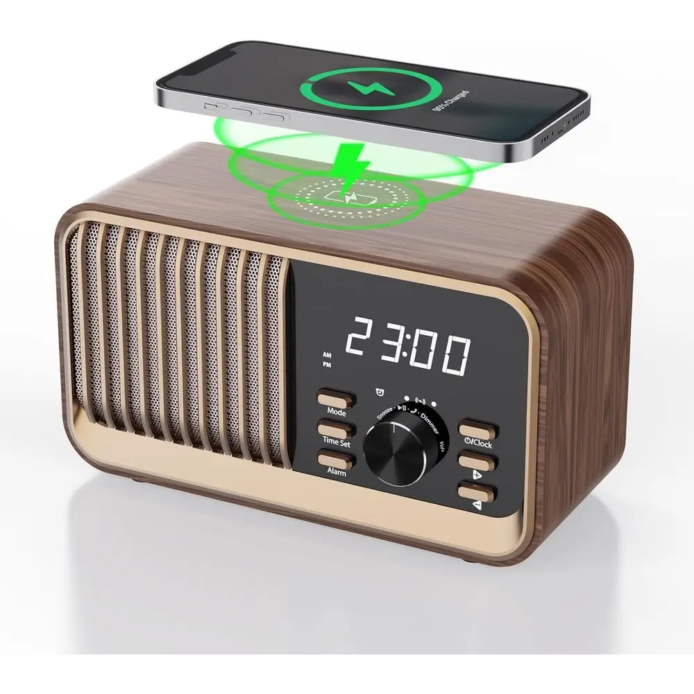 

Wireless Charging Bluetooth Radio with USB/TF Card/Aux, 8W Stereo, Dimmable Display, Ideal for Bedroom
