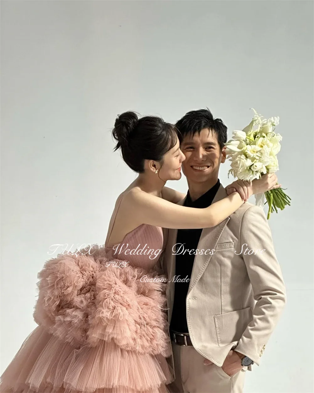 TULX Fairy Tulle Evening Dress Korea Wedding Photo Shoot V Neck Strap A line Long Tiered Bridal Party Dress Corset Customized