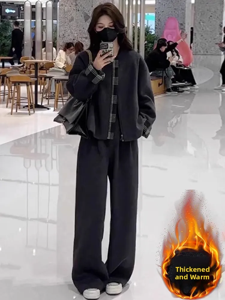 

Thiened Cotton Faion Set Women's Winter New High-End Feeling European Goods Woolen Coat Wide Leg Pants Two-Piece Set