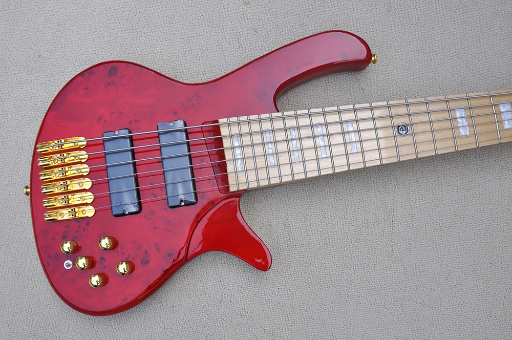 6 Strings Red Electric Bass Guitar with Active Circuit,Spalted Maple Veneer,Maple Fretboard,19 mm