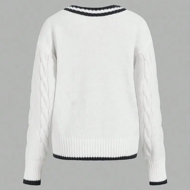 Combhasaki Women Autumn Winter Cable Knit Loose Sweaters Long Sleeve V Neck Striped Contrast Color Knitwear Preppy Jumper Top