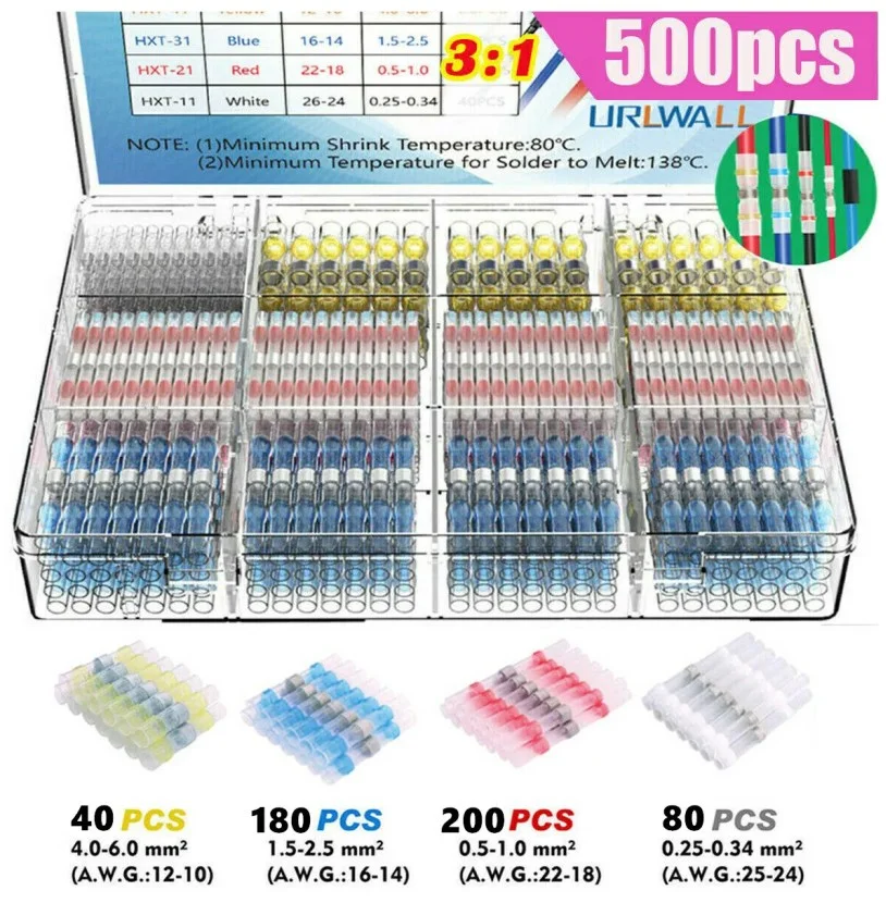 500pcs Waterproof Heat Shrinkable Solder Seal Sleeve Wire Butt Connectors Butt Splice Electrical  Seal Terminals Sets